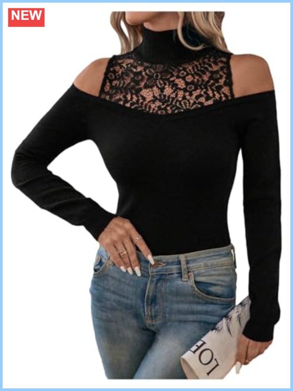 Lace Mock Neck Cold Shoulder Pullover Sweater
